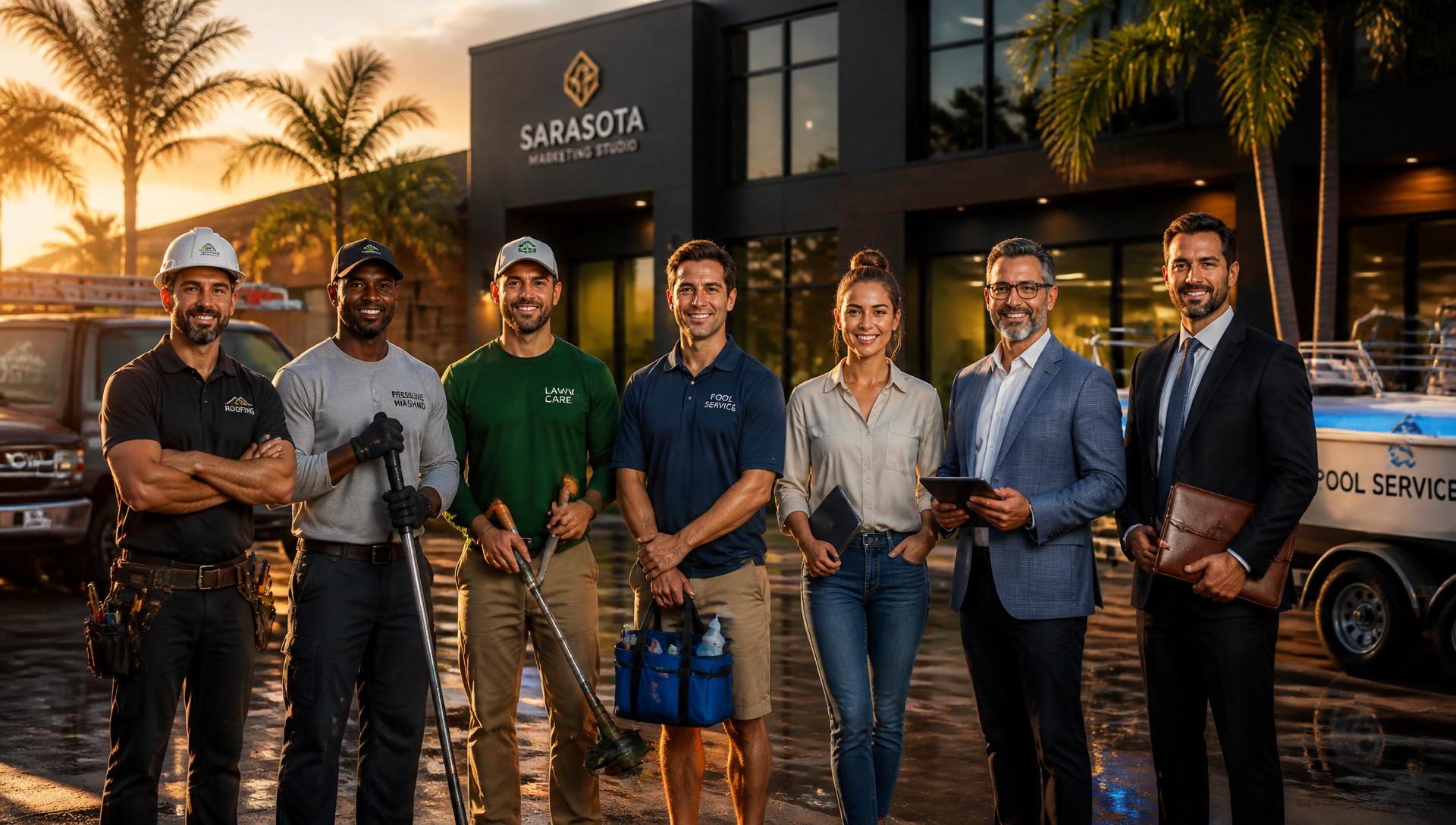 A diverse group of Sarasota small business owners — roofers, pressure washers, lawn care, pool service, office managers, CPAs, and attorneys — representing MojoRenders' customers.